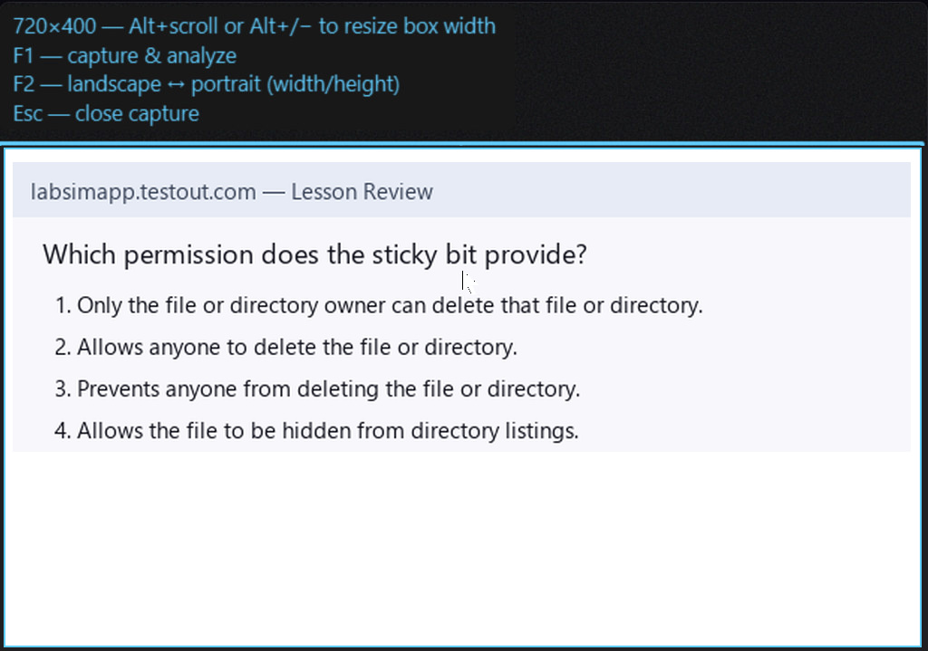 Sticky bit quiz with capture overlay and cursor