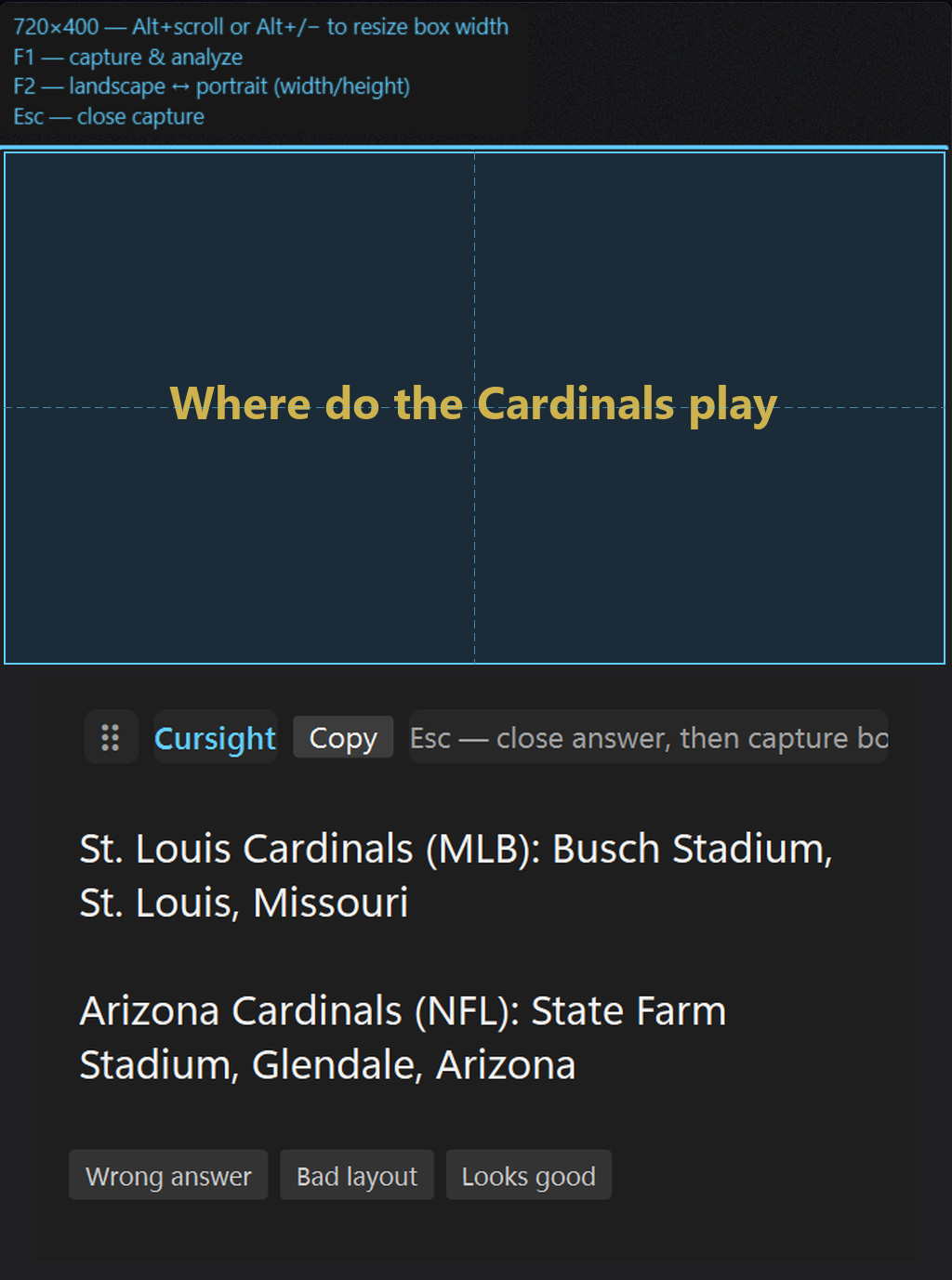 Cursight guided answer overlay with capture box and numbered response